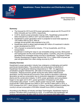 Kazakhstan: Power Generation and Distribution Industry Kazakhstan: Power Generation and Distributionpage Industry 1 of 16