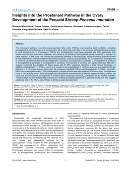 Insights Into the Prostanoid Pathway in the Ovary Development of the Penaeid Shrimp Penaeus Monodon