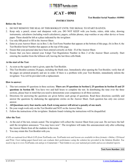 Icat - 0901 Test Booklet Serial Number: 010901 INSTRUCTIONS Before the Test