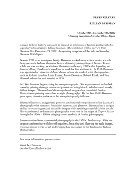 PRESS RELEASE LILLIAN BASSMAN October 20