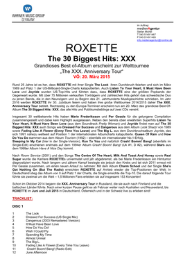 ROXETTE the 30 Biggest Hits: XXX Grandioses Best Of-Album Erscheint Zur Welttournee „The XXX