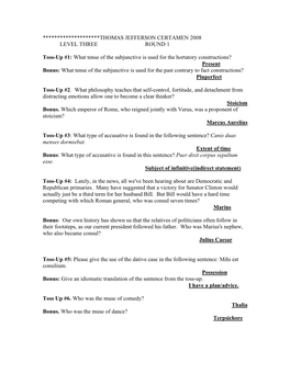 Thomas Jefferson Certamen 2008 Level Three Round 1