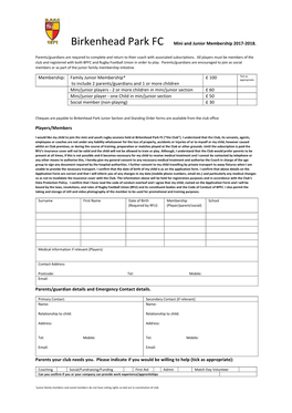 Birkenhead Park FC Mini and Junior Membership 2017-2018