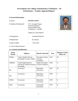 Government Arts College (Autonomous), Coimbatore – 18 Performance - Teacher Appraisal Report