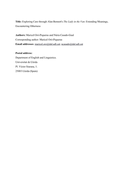 Title: Exploring Care Through Alan Bennett's the Lady in the Van: Extending Meanings, Encountering Otherness