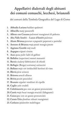 Appellativi Dialettali Degli Abitanti Dei Comuni Comaschi, Lecchesi, Brianzoli