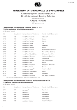 FEDERATION INTERNATIONALE DE L'automobile Calendrier Sportif