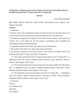 The Domestic Architecture in the Greek Colonies on the Western and Northern Shore of the Black Sea (End of the 7 Century-End Of