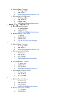 1. A. Senator Caleb Frostman I. D- Sturgeon Bay Ii