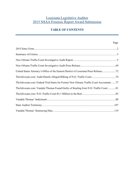 Louisiana Legislative Auditor 2015 NSAA Forensic Report Award Submission