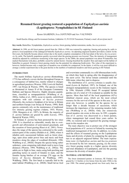 Resumed Forest Grazing Restored a Population of Euphydryas Aurinia (Lepidoptera: Nymphalidae) in SE Finland