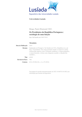 Os Presidentes Da República Portuguesa : Sociologia De Uma Função