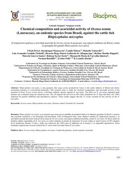 Chemical Composition and Acaricidal Activity of Ocotea Notata (Lauraceae), an Endemic Species from Brazil, Against the Cattle Tick Rhipicephalus Microplus