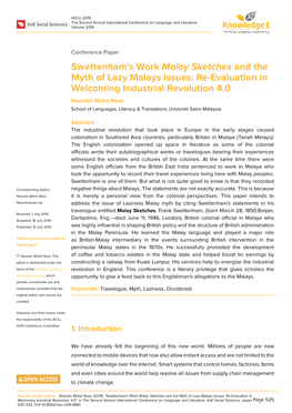 Swettenham's Work Malay Sketches and the Myth Of