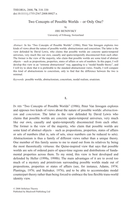 Two Concepts of Possible Worlds – Or Only One? by JIRI BENOVSKY University of Fribourg, Switzerland