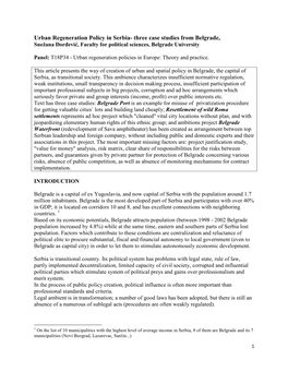 Urban Regeneration Policy in Serbia- Three Case Studies from Belgrade, Snežana Đorđević, Faculty for Political Sciences, Belgrade University