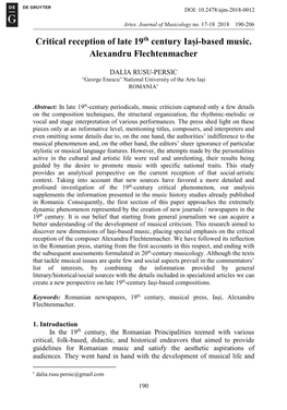 Critical Reception of Late 19Th Century Iași-Based Music. Alexandru Flechtenmacher