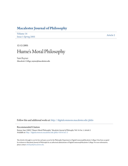 Hume's Moral Philosophy Sam Rayner Macalester College, Rayner@Macalester.Edu