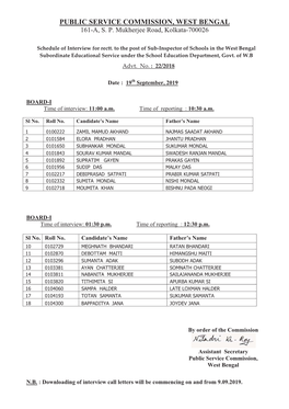 Schedule of Interview for Rectt. to the Post of Sub Inspector of Schools in the West