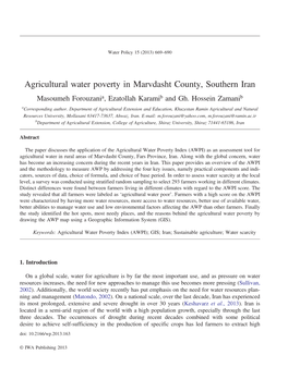 Agricultural Water Poverty in Marvdasht County, Southern Iran Masoumeh Forouzania, Ezatollah Karamib and Gh