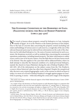 The Economic Condition of the Bishopric of Gaza (Palestine) During the Rule of Bishop Porphyry (Circa 395–420)*