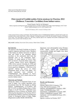 First Record of Cardiid Cockles Fulvia Nienkeae Ter Poorten, 2012 (Mollusca: Veneroida: Cardiidae) from Indian Waters