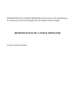 REMINISCENCES of a STOCK OPERATOR by Edwin Lefevre the Sun Dial Press, Inc