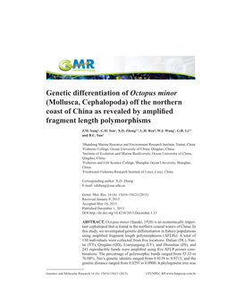 Genetic Differentiation of Octopus Minor (Mollusca, Cephalopoda) Off the Northern Coast of China As Revealed by Amplified Fragment Length Polymorphisms