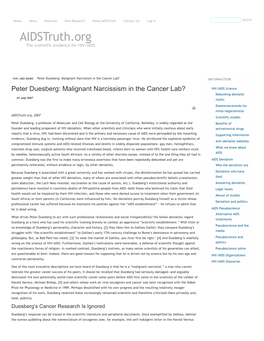 Peter Duesberg: Malignant Narcissism in the Cancer Lab? INFORMATIONINFORMATION