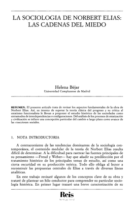 La Sociología De Norbert Elías: Las Cadenas Del Miedo. Bejar Merino, Helena. (REIS Nº 56. ESTUDIOS)