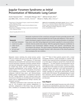 Jugular Foramen Syndrome As Initial Presentation of Metastatic Lung Cancer