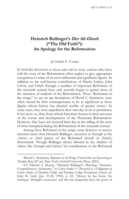 Heinrich Bullinger's Der Alt Gloub (“The Old Faith”): an Apology for The