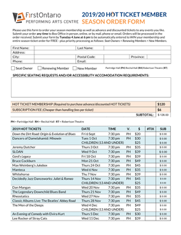 2019/20 Hot Ticket Member Season Order Form