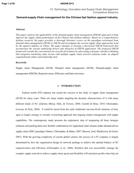 15. Technology, Innovation and Supply Chain Management Competitive Sessions Demand-Supply Chain Management for the Chinese Fast Fashion Apparel Industry