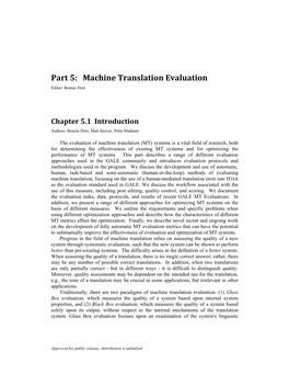 Part 5: Machine Translation Evaluation Editor: Bonnie Dorr