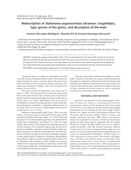 Redescription of Dubiaranea Argenteovittata (Araneae: Linyphiidae), Type Species of the Genus, and Description of the Male