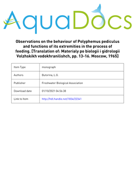 Observations on the Behaviour of Polyphemus Pediculus and Functions of Its Extremities in the Process of Feeding