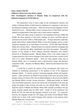 Title: Socio-Linguistic Situation of the Sangiric Languages and Manado