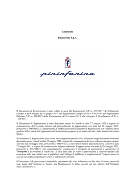 Emittente Pininfarina S.P.A., Con Sede in Torino, Via Montecuccoli 9, Iscrizione Al Registro Delle Imprese Di Torino, Codice Fiscale E Partita IVA N