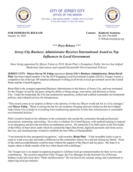 Jersey City Business Administrator Receives International Award As Top Influencer in Local Government