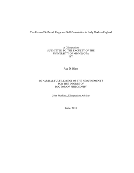 Elegy and Self-Presentation in Early Modern England a Dissertation