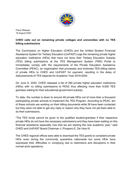 CHED Calls out on Remaining Private Colleges and Universities with No TES Billing Submissions the Commission on Higher Education