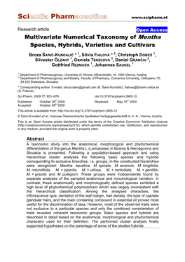 Multivariate Numerical Taxonomy of Mentha Species, Hybrids, Varieties and Cultivars