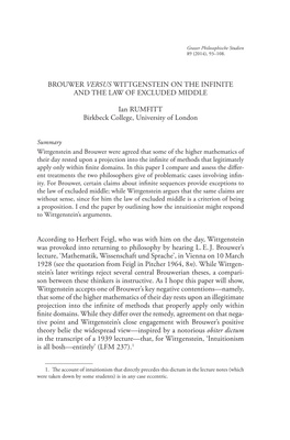 BROUWER VERSUS WITTGENSTEIN on the INFINITE and the LAW of EXCLUDED MIDDLE Ian RUMFITT Birkbeck College, University of London Ac