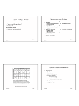 Lecture 8-1: Input Devices Taxonomy of Input Devices Keyboard Design