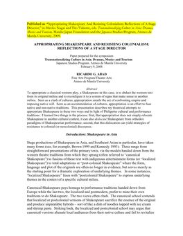 Appropriating Shakespeare and Resisting Colonialism: Reflections of a Stage Director,” in Hiroko Nagai and Tito Valiente, Eds