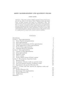 ARTIN ALGEBRAIZATION and QUOTIENT STACKS Contents Introduction 2 Lecture 1: Artin Approximation 3 1.1. Néron–Popescu Desingul