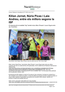 Kilian Jornet, Núria Picas I Laia Andreu, Entre Els Millors Segons La