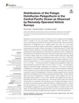 Distributions of the Pelagic Holothurian Pelagothuria in the Central Paciﬁc Ocean As Observed by Remotely-Operated Vehicle Surveys