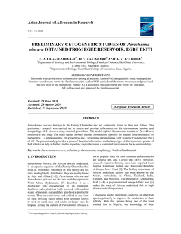 PRELIMINARY CYTOGENETIC STUDIES of Parachanna Obscura OBTAINED from EGBE RESERVOIR, EGBE EKITI